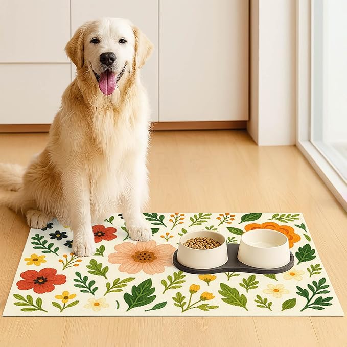 Trendy Flower Pattern Pet Feeding Mat Spill-Proof Feood Pad - Image 3