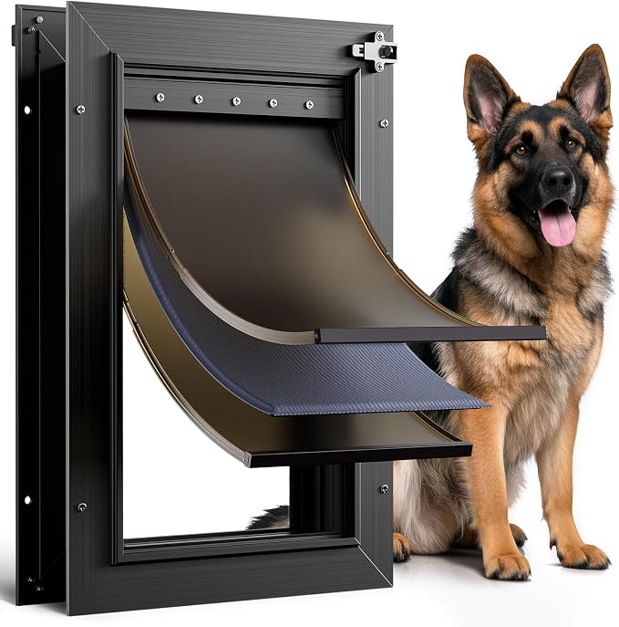 Dog Door for Door All Aluminum 3 Flaps Black, Large Dog Doggy Doggie Door by PETCOMING