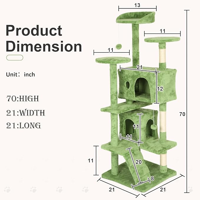 70 Inch Green Cat Tree, Tall Cat Tower - Image 7