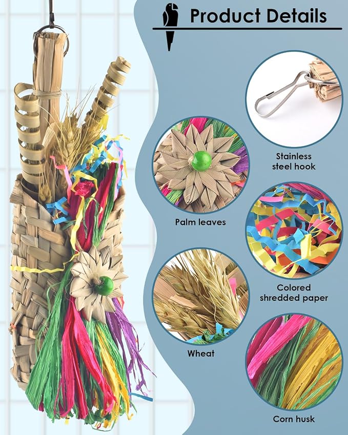 Bissap Bird Chew Toys, Parrot Foraging Shredder Natural Palm Frond Woven Bag - Image 3