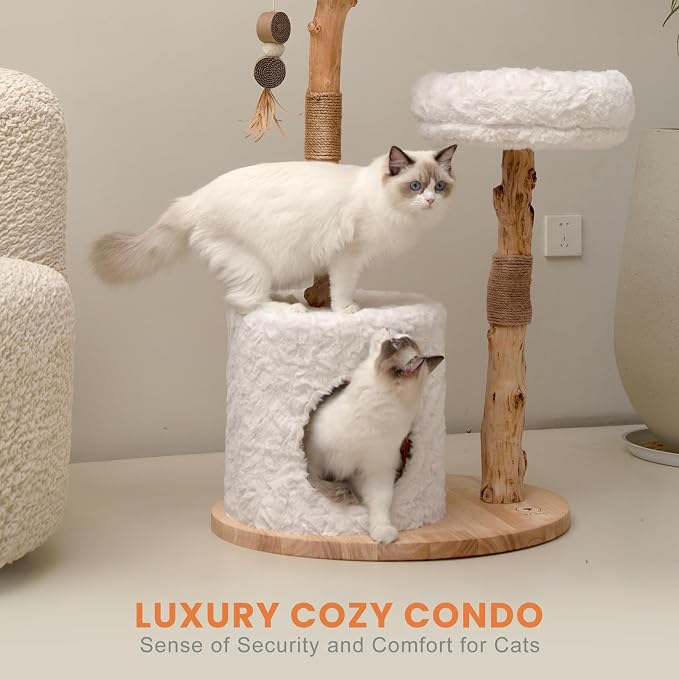 Cat Tree Tower with Two Real Branches, 44 INCH Wood Modern Cat Tower with - Image 5