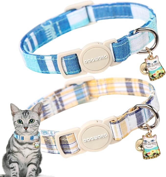 DOGWONG Cat Collar, 2 Blue Plaid Pack, Breakaway by DOGWONG
