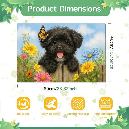 Spring Pet Feeding Mat 24" x 16"Puppy and Butterfly Floral Garden Design Non - Image 5