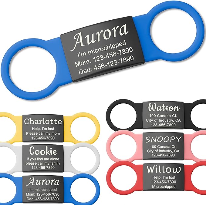 Anavia Slide On Silent Pet ID Tags, S/M/L/XL Personalized Black Stainless Steel by Anavia