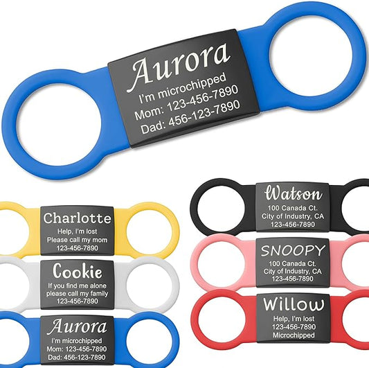 Anavia Slide On Silent Pet ID Tags, S/M/L/XL Personalized Black Stainless Steel by Anavia
