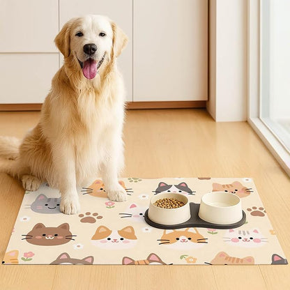 Cat Feeding Mat 24x16 inch Beige Kitten Print Pet Bowl Placemat Non Slip Floor - Image 3