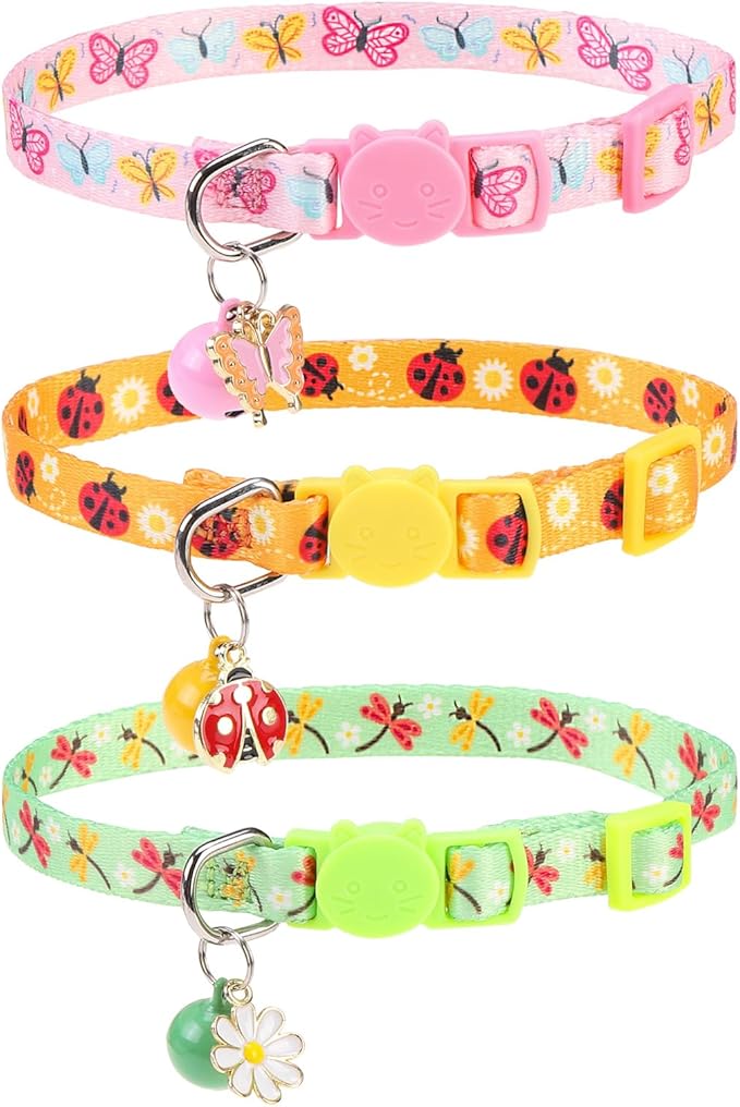 Breakaway Cat Collars with Bell & Cute Pendants, 3 Pack Safety Buckle Kitten by VKPETFR
