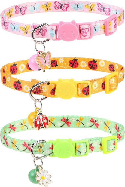 Breakaway Cat Collars with Bell & Cute Pendants, 3 Pack Safety Buckle Kitten by VKPETFR