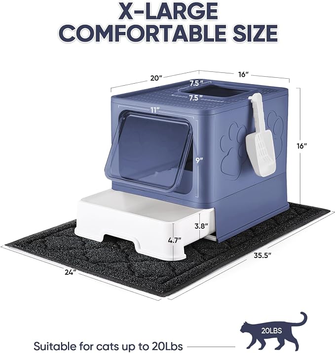 Cat Litter Box with X-Large Litter Mat and Scoop, Large Covered Litter Box with - Image 3