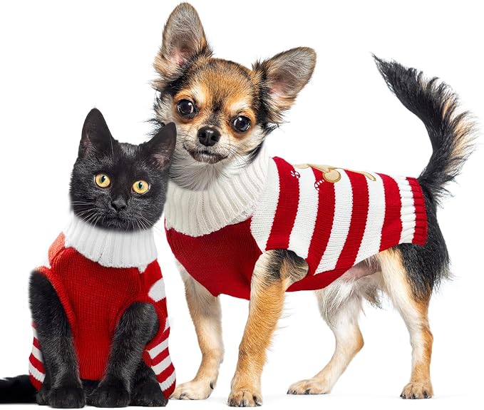 Dog Christmas Sweater Xmas Pet Clothes Cute Striped Gingerbread Man Costume - Image 2