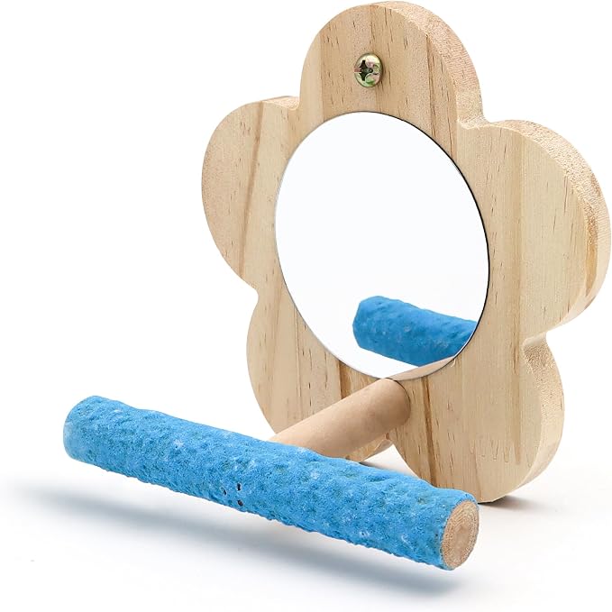 Small Bird Mirror Parrot Swing, Wooden Parakeet Perches Flower Interactive Play by DVHEY