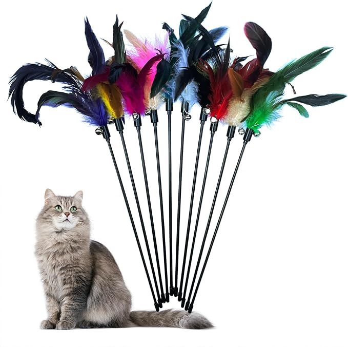 10-Pack Cat Feather Wand Toys by YUBONUS
