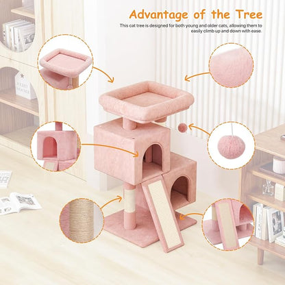 34'' Small Cat Tree with 2 Condos, Sisal Scratching Posts & Board, Sturdy Light - Image 4