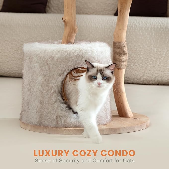 Cat Tree Tower with Two Real Branches, 44 INCH Wood Modern Cat Tower with - Image 5