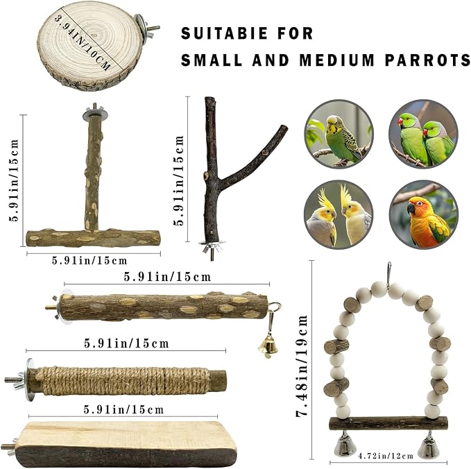 7Pcs Natural Wooden Bird Perch Set – Parrot Perch Toys, Wooden Perch Swing - Image 2