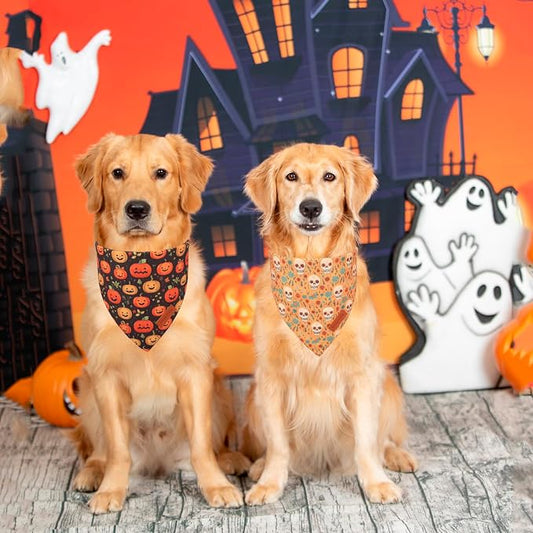 PTDECOR Halloween Dog Bandana, Skeleton Pumpkin Reversible Holiday Dog Scarf - Image 2