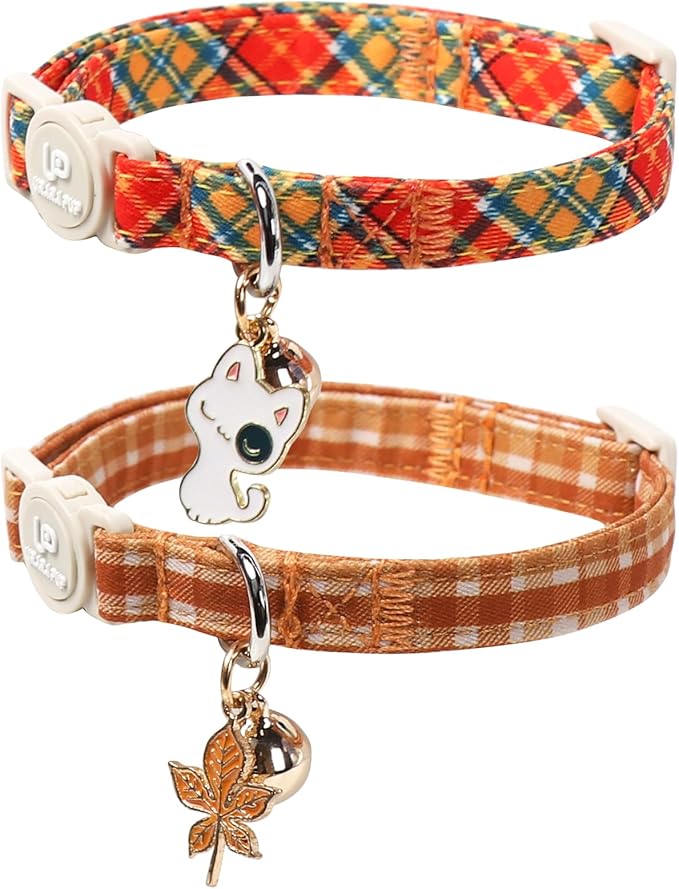 Cat Collar-2Pack Autumn Orange Plaid Kitten Collars-Halloween Plaid Breakaway by UPURARAPUP