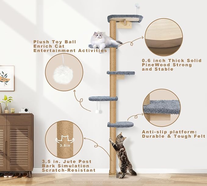 Cat Wall Shelves for Kittens, 83” Floor to Ceiling Cat Tree - Image 3