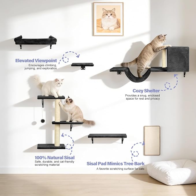 Cat Wall Shelves, Stable & Safe 6 in 1 Cat Furniture Set Black, - Image 4