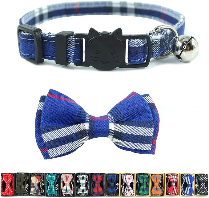 Cat Collar Breakaway with Bell and Bow Tie, Plaid Design Adjustable Safety by Ximipet