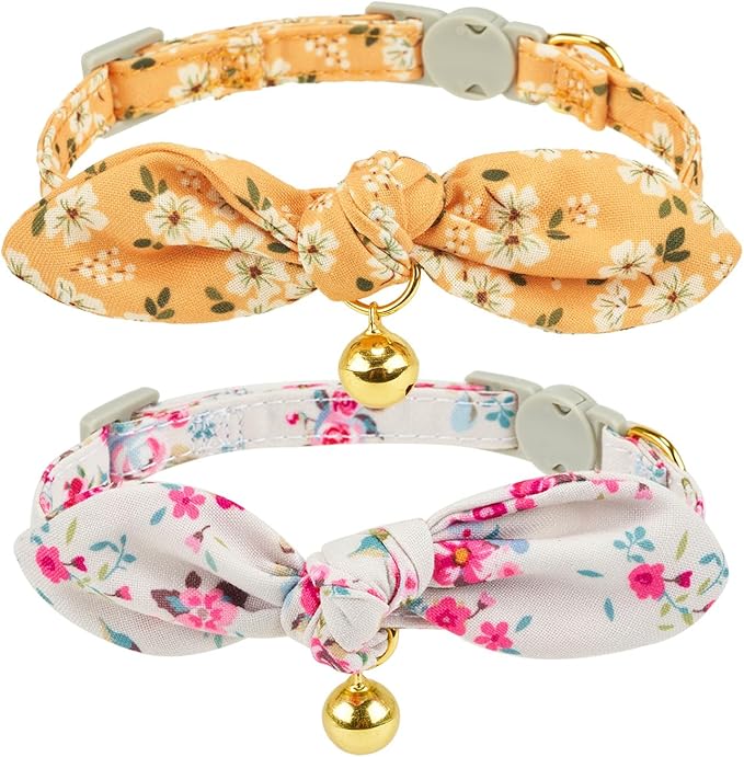 Bowtie Cat Collar with Bell, 2 Pack Cotton Breakaway Kitten Collars with by YUDOTE