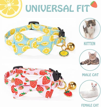 Breakaway Cat Collar with Cute Bow Tie Bell 2Pack Lemon Strawberry Summer - Image 4