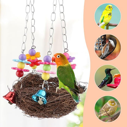 Hypeety Natural Rattan Nest Bird Swing Toy Colorful Flowers Bells - Image 6