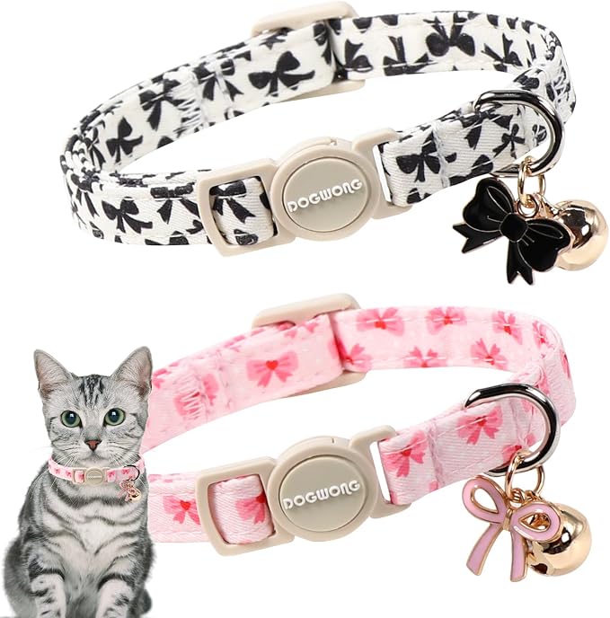 2 Pack Cotton Breakaway Cat Collar Pink and Black Heart Shaped Pendant Cute by DOGWONG