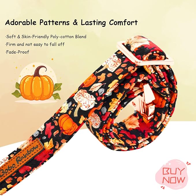 Fall Dog Collar, Leaf Pumpkin Print Adjustable Pet Collar Cute Cotton Soft - Image 3