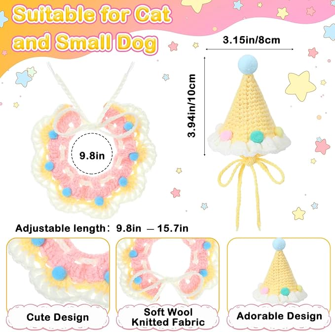 Sanwuta 2 Pcs Cat Birthday Party Supplies, Knit Cat Hat Kitten Birthday Bib - Image 3