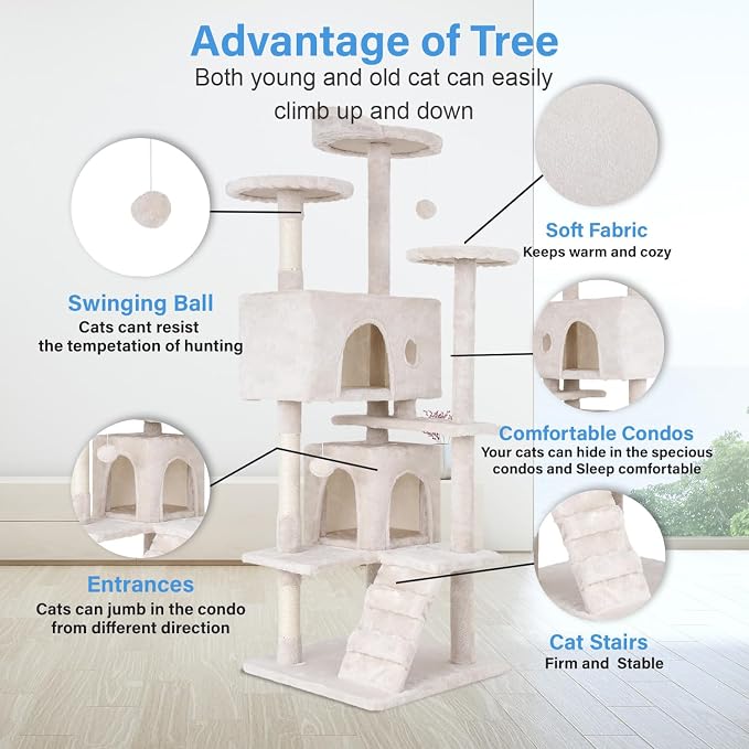 FDW | 54" Cat Tree Tower | Beige | Multi-Level Indoor Activity Center - Image 3