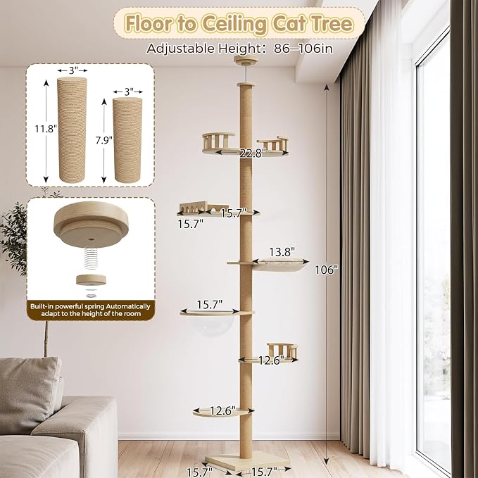 Erinnyees Cat Tree, Floor to Ceiling Cat Tree Height Adjustable Cat Tower 6 - Image 2