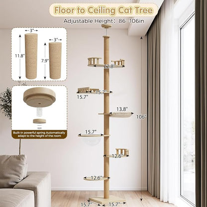 Erinnyees Cat Tree, Floor to Ceiling Cat Tree Height Adjustable Cat Tower 6 - Image 2