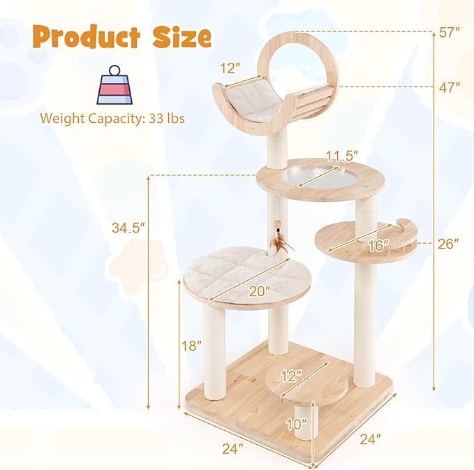 Nightcore 57” Tall Solid Wood Cat Tree - Image 3
