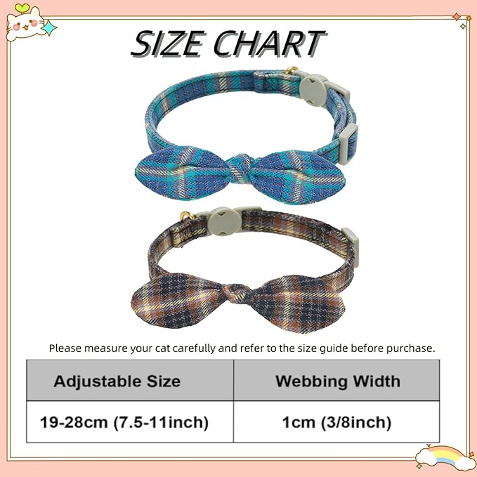 Cotton Bowtie Cat Collar with Bell 2 Pack Plaid Breakaway Kitten Collars with - Image 7