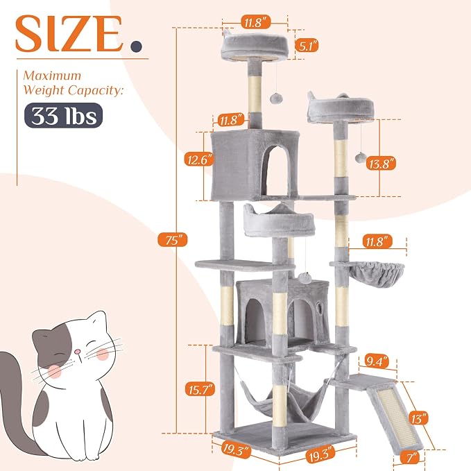 Sweetcrispy Cat Tree 75 Inch, Large Multi-Level Tall Cat Tree Tower - Image 6