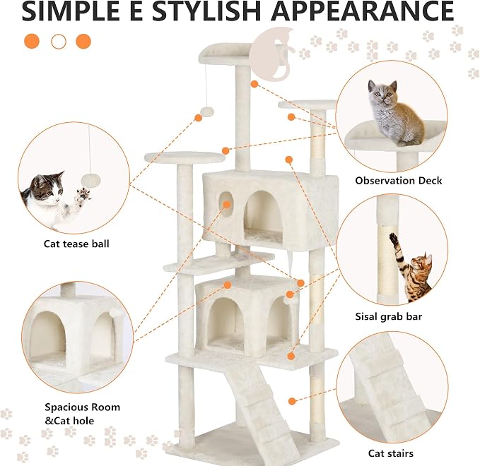 BestPet | 62" Cat Tree Tower | Beige | Sturdy, Hanging Cat Toys, Observation - Image 6