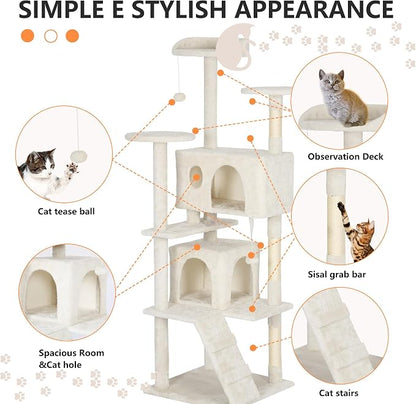 BestPet | 62" Cat Tree Tower | Beige | Sturdy, Hanging Cat Toys, Observation - Image 6