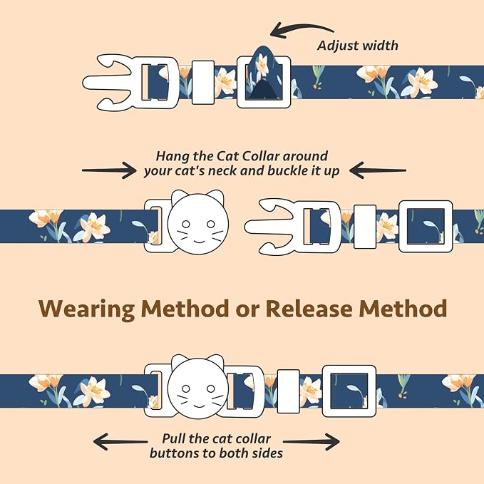 2 Pack Cotton Breakaway Cat Collar White and Blue Flowers Pendant Cute Kitten - Image 5