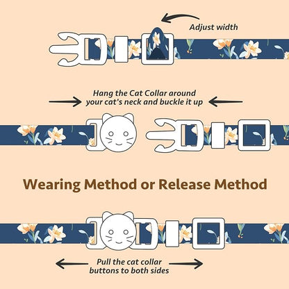 2 Pack Cotton Breakaway Cat Collar White and Blue Flowers Pendant Cute Kitten - Image 5