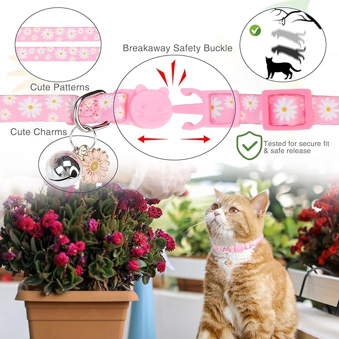 Cat Collars for Girl Cats, 3 Pack Spring Flower Cat Collars Breakaway - Image 5