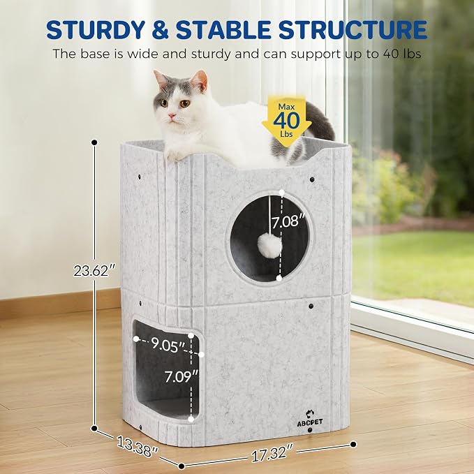 Cat House for Indoor Cats, 2-Storey Cat Bed Cave, Felt Cat Hideaway Condo - Image 3