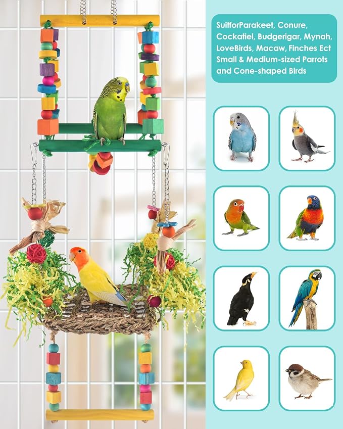 Bird Hammock Toys Parakeet Perches Swing, 3in1 Detachable Parrot Cage - Image 3