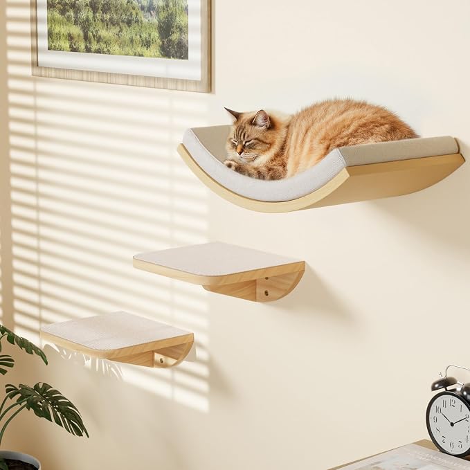 Cat Window Perches, Curved Cat Wall Beige Bed and 2 Floating Wall Steps by PELUOMOZ