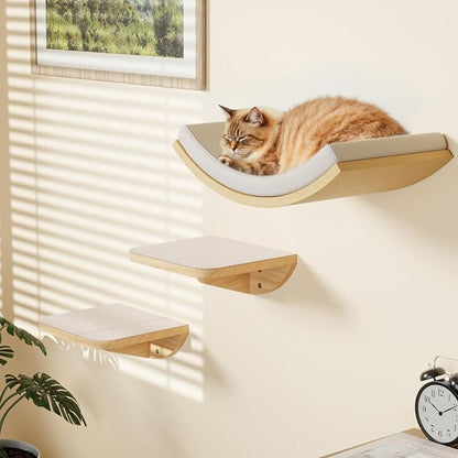 Cat Window Perches, Curved Cat Wall Beige Bed and 2 Floating Wall Steps by PELUOMOZ