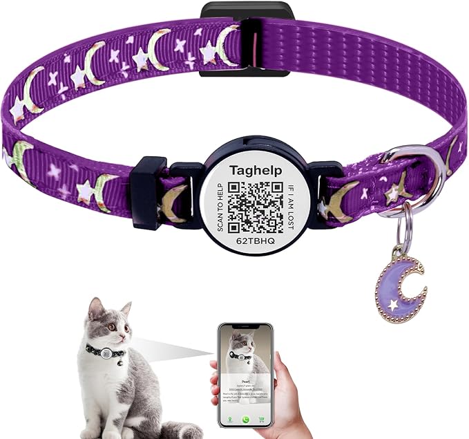 Cat Collar Stars and Moon, Reflective no Bell, Solid & Safe Collars by Taghelp