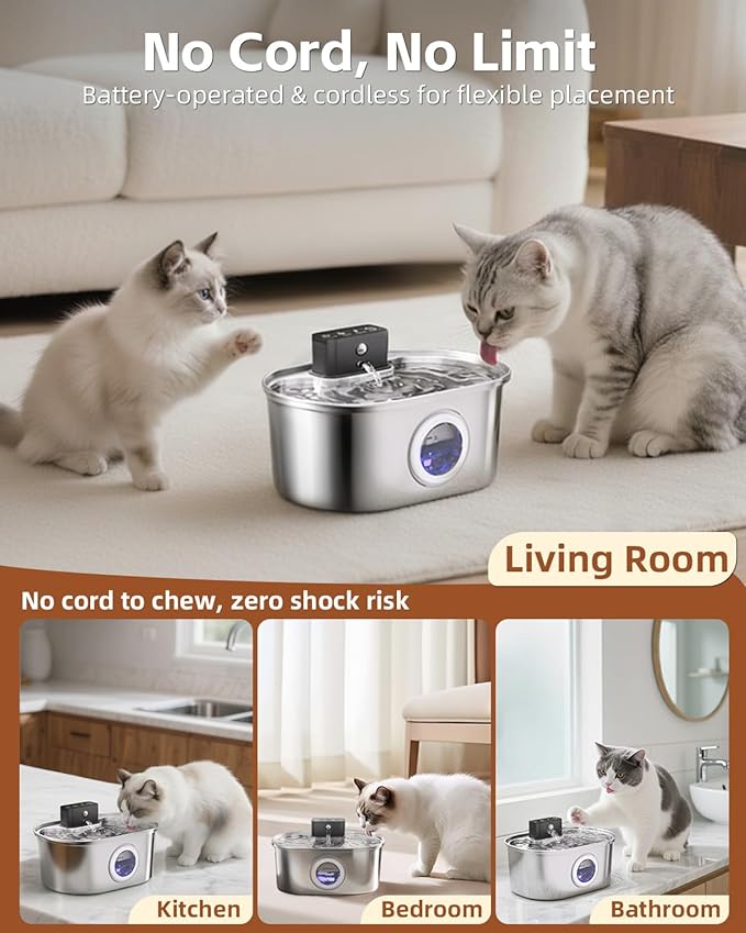 Cat Water Fountain Cordless, Stainless Steel Pet Water Fountain Wireless – - Image 5