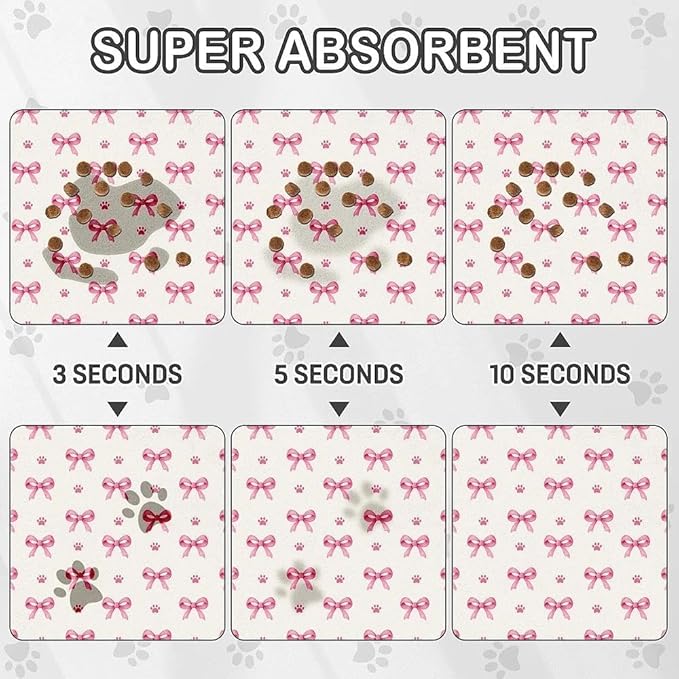 Pink Bow Dog Food Mat for Pet Cat Food Mat, Paws Absorbent Quick Dry Dog Bowl - Image 3