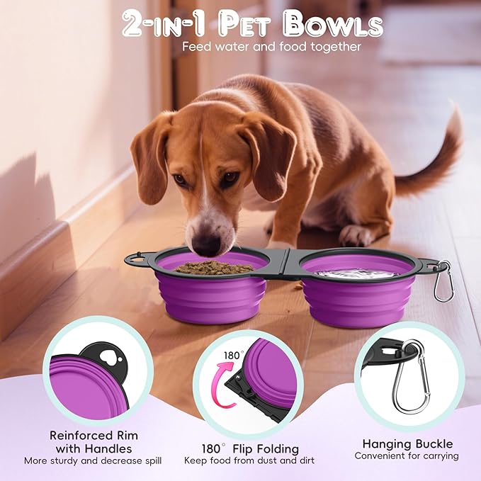 Pawaboo 2-in-1 Collapsible Dog Bowls, Dual Puppy Food and Water Bowls, 180° - Image 4