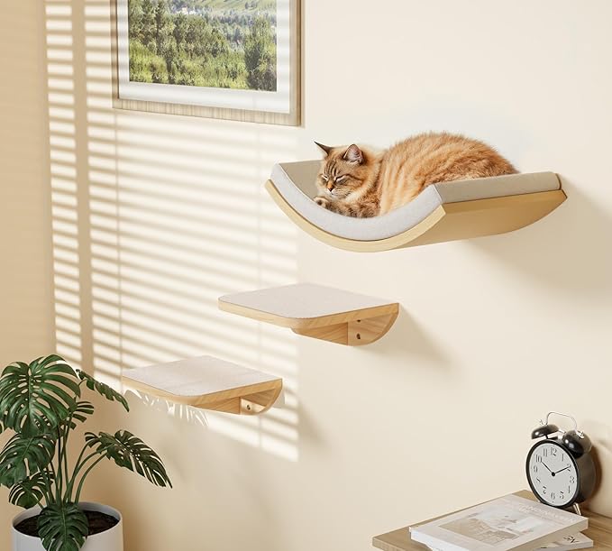 Wood Cat Wall Shelf with Soft Foam Cushion, Curved Cats Wall Bed - Image 2